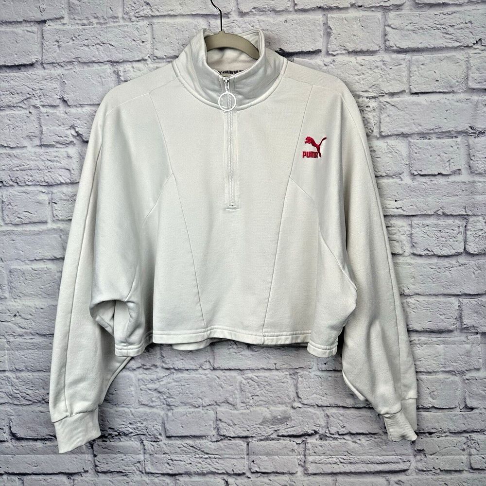 Puma‎ Sport Sweatshirt Womens XL White Cropped Spellout Stand Collar 1/4 Zip Y2K - Picture 2 of 12